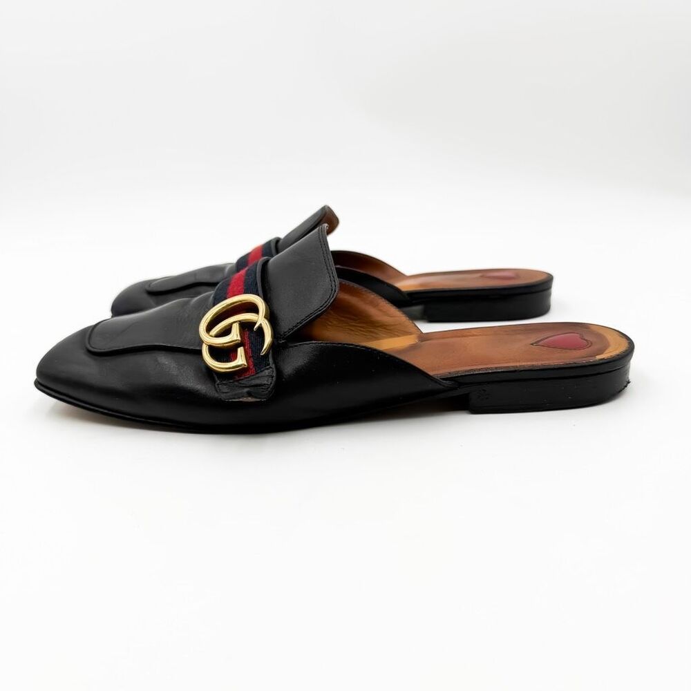 Gucci GG Web Stripe Peyton Mules Flat Slides Black Leather Loafers EU 39 US 9 - Picture 4 of 13